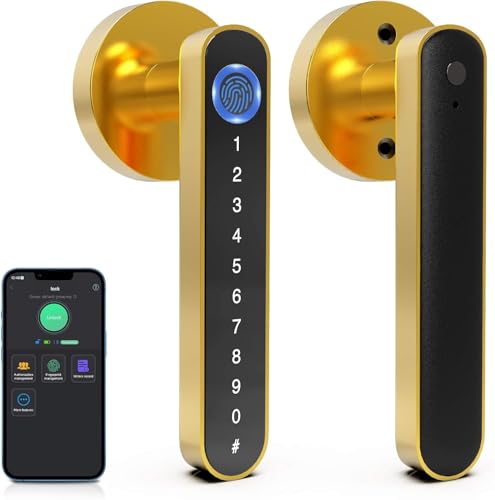 Anweller Fingerprint Door Knob Lock, Smart Keyless Entry with Code Keypad Handle, Electronic Biometric Security Locking Lever for Bedroom Interior Indoor Room - Gold