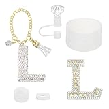 uxcell Juego de accesorios para vaso Stanley, decoraciones de iniciales para vaso de 30/40 onzas, incluye tapa de popote de diamante, llavero con letras, juego de tapones de silicona para base, color