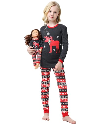 Image of Babyroom Girls Matching Doll&Toddler 4 Piece Cotton Pajamas Toddler Christmas Sleepwear