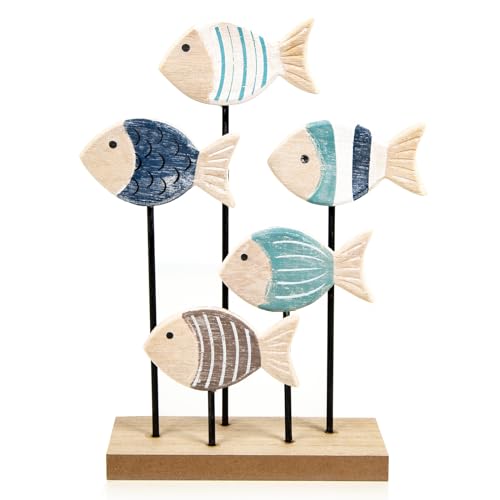 Deko-Figur Maritime Fische: Fischschwarm aus Holz zum Hinstellen,...