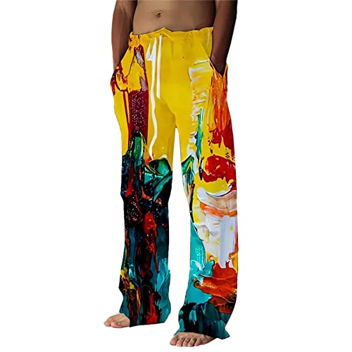 Mymyguoe Leinenhose Herren Yogahose Stretch Stoffhose Sporthose Bunt...