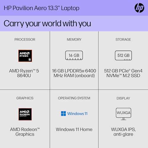 Hp 9W0Z8UA#ABA Pavilion Aero 13.3 Inch Laptop, Wuxga Display, Amd Ryzen 5 8640U, 16 Gb Ram, 512 Gb Ssd, Amd Radeon Graphics thumb #1