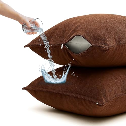 Image of Waterproof Terry Cotton Pillow Protector Cover with Zippered Closure | 18X28 Inch Standard Size Pillow Cover, Set of 2 | Dustproof Bedding Pillowcase for Protection (Coffee)