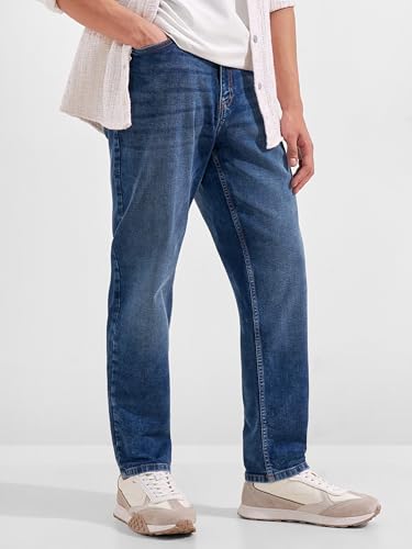 Image of Highlander Men Men's Premium Loose Straight Fit Mid-Rise Cotton Lycra Jeans - Button Closure, Machine Washable, Comfortable All-Day Wear for Casual & Semi-Formal Occasions