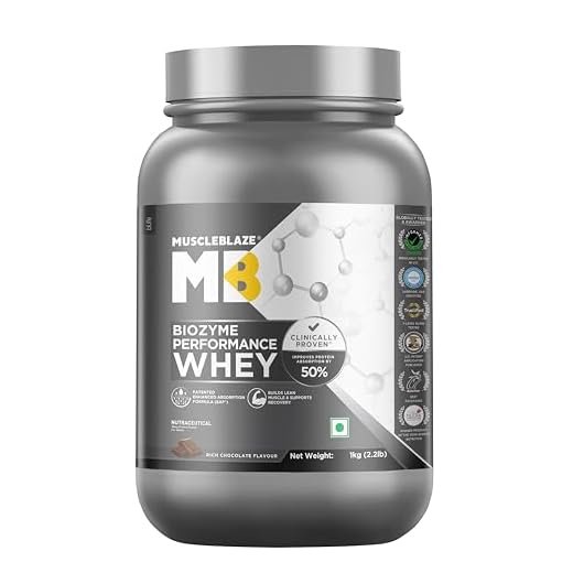 MuscleBlaze Biozyme Performance Whey Protein, (Informed Choice UK, Labdoor USA Certified) with US Patent Filed EAF® (Rich Chocolate, 1 kg / 2.2 lb)