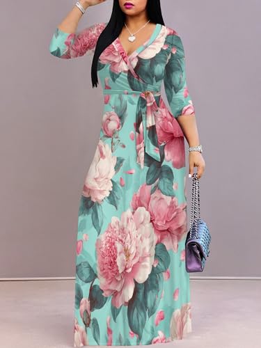 Image of SUZONANA Plus Size Dresses for Women Floral Print Maxi Dress Flowy 3 /4 Sleeve with Belt