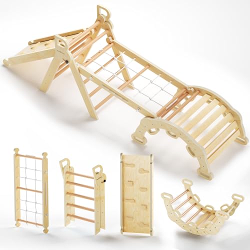 Image of BlueWood 2025 8-in-1 Pikler Triangle Climbing Set Toddler Toys Indoor Baby Jungle Gym Climber Playground for Kids - Natural Wood