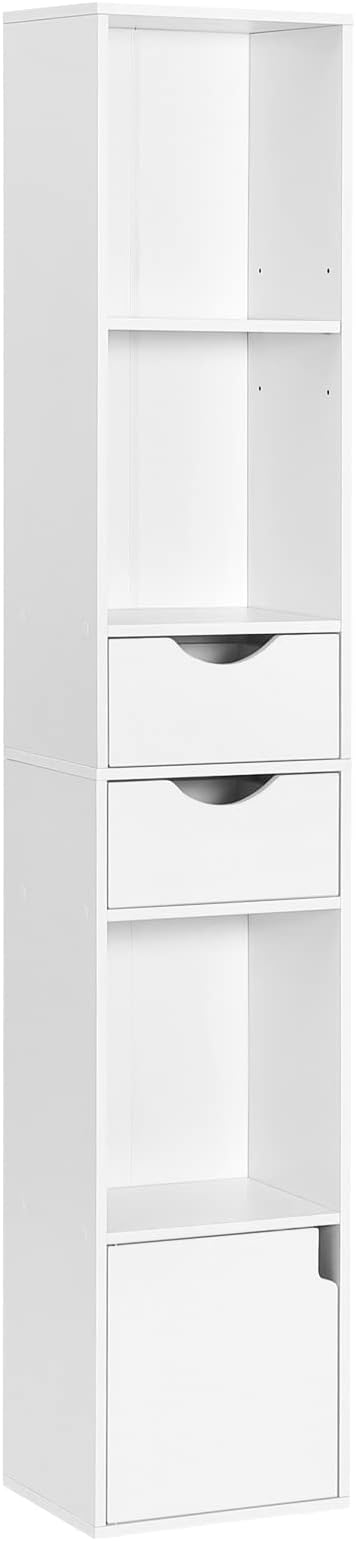 Bücherregal „Robert“ – Schlankes Design, Weiß, 36 X 171 Cm, Mit Schubladen & Offenen Fächern