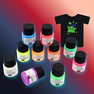Artme Glow in the Dark Textile Paint 20ml x10pcs – Fabric Paint Set for T-Shirts, Canvas Bags and Shoes, Cotton, Denim and More – Permanent, Luminous Colours for DIY Crafts and Clothing