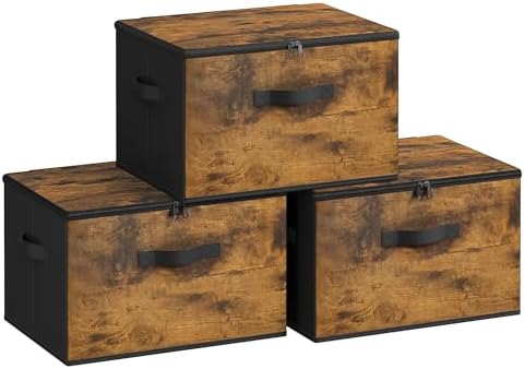 SONGMICS Foldable Storage Organizer Boxes, Set of 3 Storage Basket Bins with Lids, Handles, Clothes Organizer, 15.7 x 11.8 x 9.8 Inches, Non-Woven Fabric, Ink Black URYZ103B01