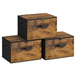 SONGMICS Foldable Storage Organiser Boxes, Storage Basket Bins with Lids, Handles, Clothes Organiser, Non-Woven Fabric, Set of 3, 40 x 30 x 25 cm, Rustic Brown RYZ103B01