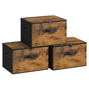 SONGMICS Foldable Storage Organiser Boxes, Storage Basket Bins with Lids, Handles, Clothes Organiser, Non-Woven Fabric, Set of 3, 40 x 30 x 25 cm, Rustic Brown RYZ103B01