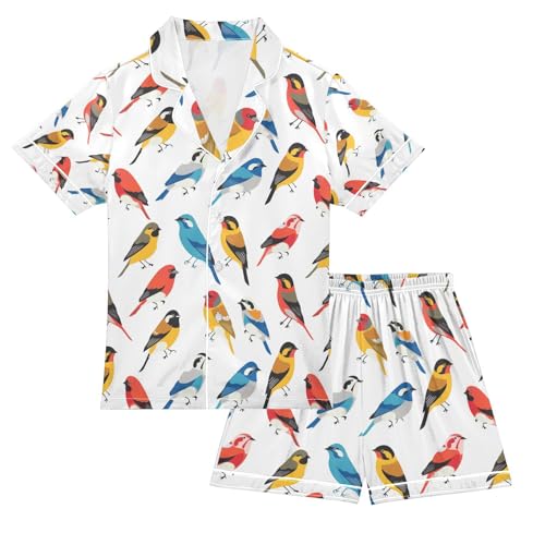 senya Colorul Cute Bird 1 Satin Summer Pajama Sets Silk Short Sleeve Button Down Sleepwear