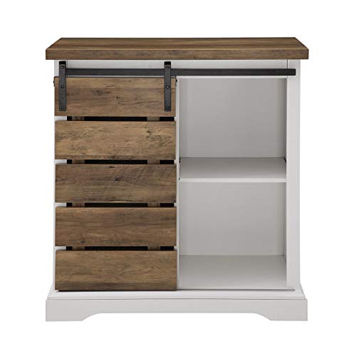 Ryffire Willa Modern Farmhouse Sliding Single Slat Door Storage Console, 32 Inch, White And Rustic Oak #TOP1