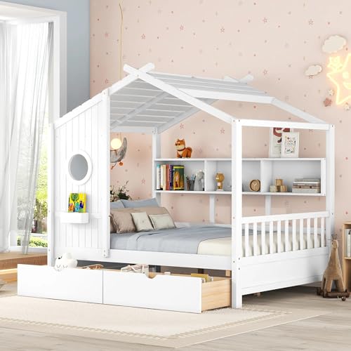 Wooden Full Size House Bed with Storage Drawers, Modern Kids Bed Frame with Storage Shelf, Playhouse Design DayBed, No Box Spring Needed, Squeak Resistant, Space Saving (White)