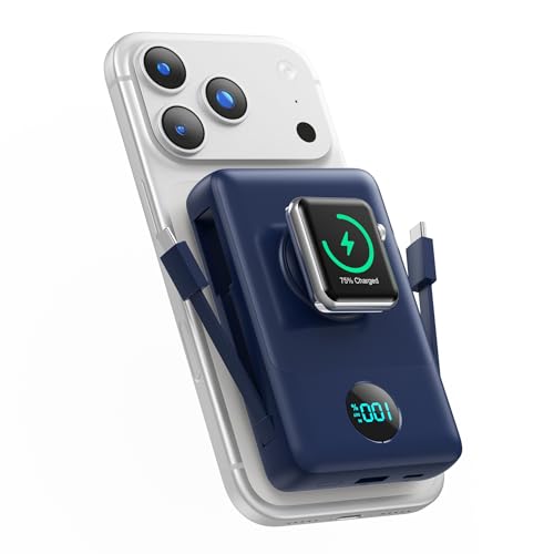 Image of 6 in 1 Magnetic Portable Charger for iPhone with Built-in Cables, 10800mAh 25W PD Fast Charging Power Bank, 6 Outputs Travel Essential Battery Pack for iPhone 17 /16 /15 /14 /13 /12,Apple Watch (Blue)