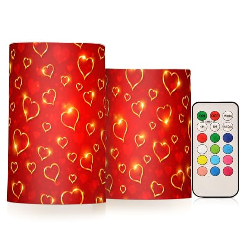 Image of Valentines Lights Flameless Candles Valentines Glden Red Hearts Pillar Candles Set of 2 Battery Operated Remote Control Warm Lights Home Decor