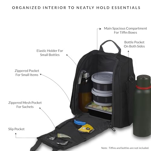 Image of Carriall Lunch Bag for Office | Water-Resistant Tiffin Bag for Office, College, School & Picnic | 8L Reusable Lunch Box Bag for Men, Women (Black)