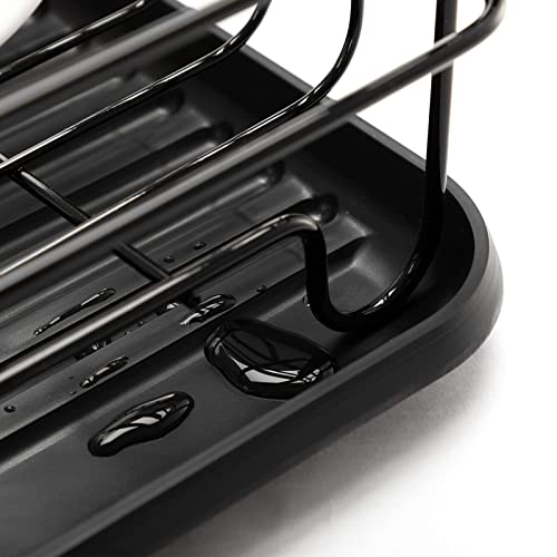 Abocofur Wooden Handle Dish Drying Rack With Removable Plastic Tray, Metal Dish Rack And Drainboard Set With Utensil Holder, Kitchen Counter Drainer And Storage Basket For Plate, Cup, Cutlery, Black #TOP2