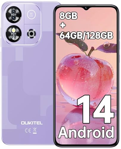 OUKITEL C57S Mobile Phones - Android 14, 6.52 HD+ Display Smartphone, 8GB(2+6) RAM + 64GB ROM (TF 128GB), 4300mAh Smart phone, 4G Dual SIM, 13MP+5MP Camera, Face ID, GPS, OTG, GPS, Purple