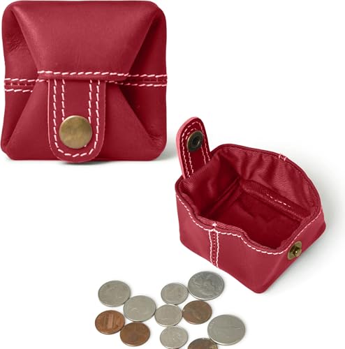 Image of Contacts Handcrafted Leather Coin Pouch - Compact Change Holder & Mini Wallet for Men & Women - Red