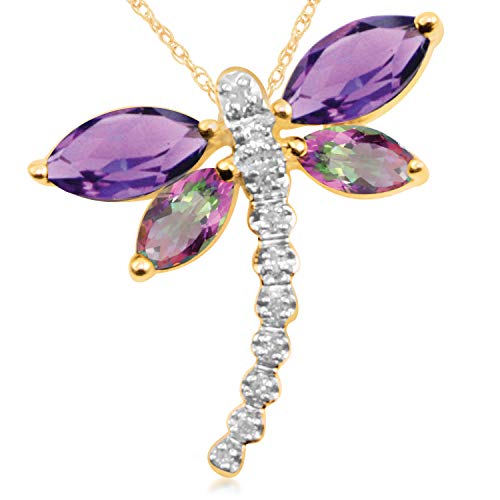 Jewelili 10K Yellow Gold Amethyst and Mystic Topaz with Diamond Dragonfly Pendant Necklace, 18