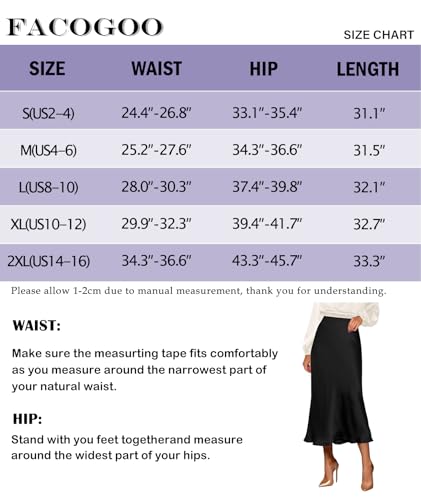 Facogoo Women's Satin Midi Skirt High Waisted A-Line Silk Elegant Dressy 2024 Spring Summer Cocktail Long Skirts Black, S