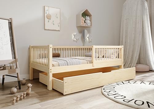 TIMBEE - Alfi Box - Cama Infantil 90x180 con cajón - Cama Infantil de Madera sin pintarcon Soporte para colchón y Barra de Seguridad extraíble - Carga máx. 100 kg - Madera de Pino