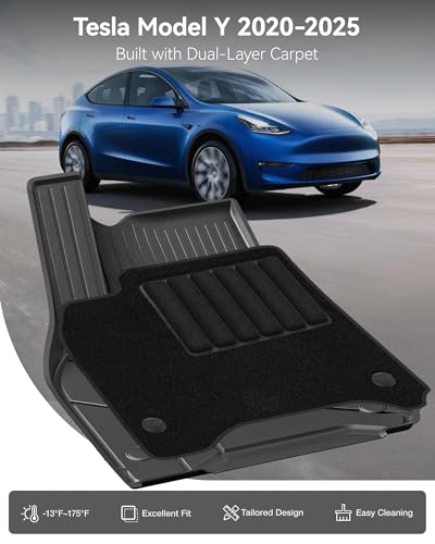 Image of 3W Floor Mats with Front Carpet on TOP Fit for Tesla Model Y 2020-2025 All-Weather TPE Full Set Floor Liners and Cargo Liner Mats Accseeories Custom Fit for Model Y 5-Seat(Not for Juniper)