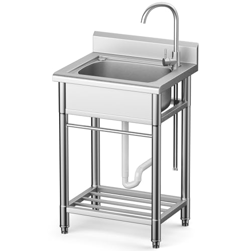 Utility Sink Free Standing Single Bowl Kitchen Sink with Cold and Hot Water Pipe Stainless Steel...