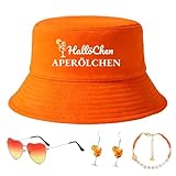 QijAOPD 4 piezas Mallorca Party Outfit Set Pescador Sombrero Divertido Naranja, Malle Outfit Mujer & Mallorca Accesorios, Sombrero para el Sol con Corazón Gafas Cadena y Pendientes para Verano