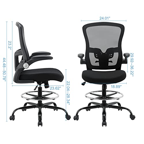 Mesh Ergonomic Drafting Chair,Tall Adjustable Office Chair,Standing Desk Chair,Counter Height Office Chairs,Drawing Chair With Adjustable Foot Ring And Pu Arms (Black) #TOP2