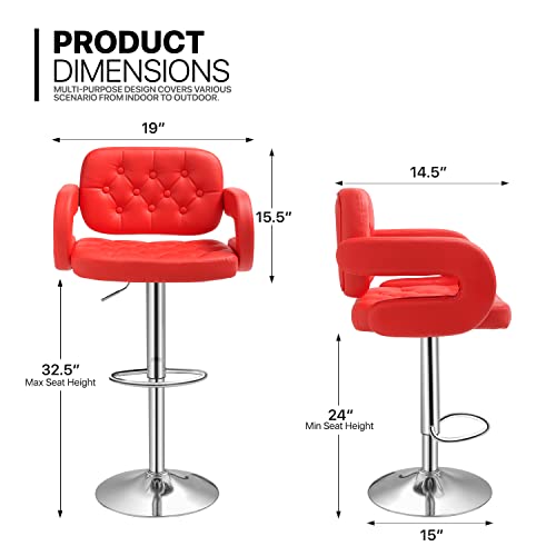 Monibloom 360° Swivel Bar Stools Set Of 2 Pu Leather Counter Height Adjustable Modern Barstools For Clubs Offices Living Rooms Chair With Button Design And Hollow Back, Red #TOP2