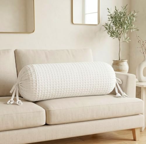 Image of SAJAVAT HOME Cotton Waffle Bolster Cover Pack of 1 | Textured Side Pillow Cover for Sofa, Bed & Diwan | Soft Breathable Round Cushion Cover | White