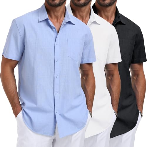 3 Pack Mens Linen Shirts Button Down Short Sleeve Shirt Casual Summer Beach Vacation Tops with Pocket