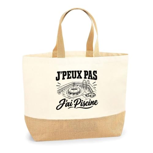 Planetee Sac J’peux pas j’ai Piscine | Cabas en Coton avec Fond Jute 18 L 48 × 37 × 13 cm | Marché Shopping Plage Courses | Cadeau Nageur Nageuse Femme Anniversaire Noël