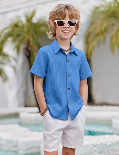 Image of Arshiner Boys Casual Short Sleeve Button Down Shirt Fashion Textured Summer Beach Shirt 3-13 Years Old