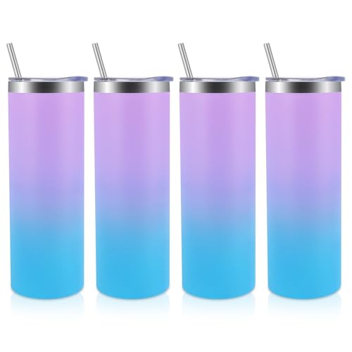 Volhoply 4 Pack Skinny Tumblers with Lid and Straw, 20oz Stainless Steel Straight Tumbler Bulk, Vacuum Insulated Coffee Mug for Home, Office, Travel, DIY (Lavender,4 Pack)
