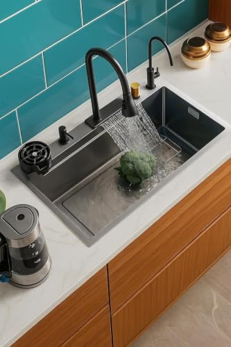 Image of COOTER Kitchen Sink 24x18x9 Inch Waterfall Single Bowl Sink 304 Grade Stainless Steel Sink for Kitchen, Black Matt Finish Honeycomb Smart Kitchen Sink integrated Pull down Faucet, Drain Basket