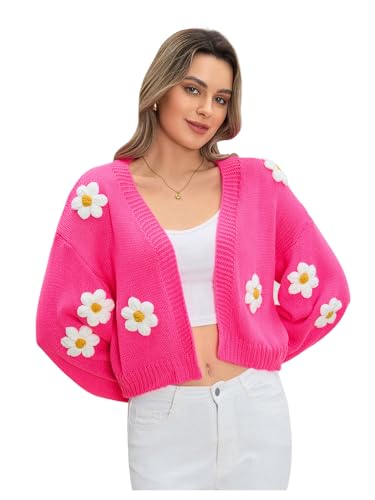 Image of MakeMeChic Women's 3D Floral Cardigan Sweaters Open Front Cropped Cute Cardigan Lantern Sleeve Outerwear