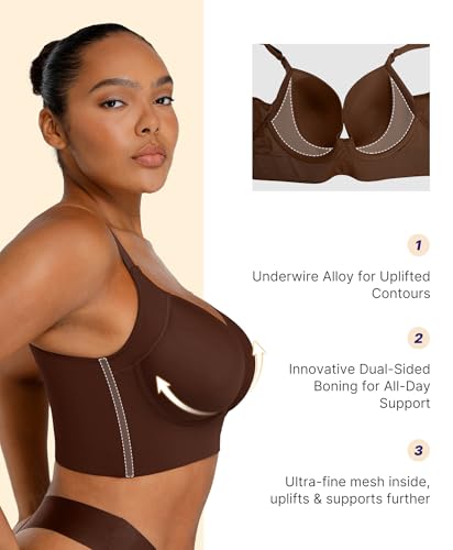 SHAPELLX Bras for Women Push Up Back Smoothing T-Shirt Everyday Underwire Lightly Lined Cups Up to H4