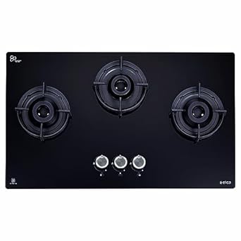 Elica Hob 3 Italian Burner Auto Ignition Glass Top with Full Brass Direct Multi-Flame Burners - 2 Medium & 1 Small Gas Stove (FLEXI 375 LOTUS IND HD BRASS)