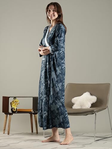 Image of 9shines Label Stylish Cotton Nighty Robe for Women | Front Open Floral Housecoat | Wrap Nighty with Pocket | Adjustable Waist Tie | Plus Size housecoat (HC-2026)