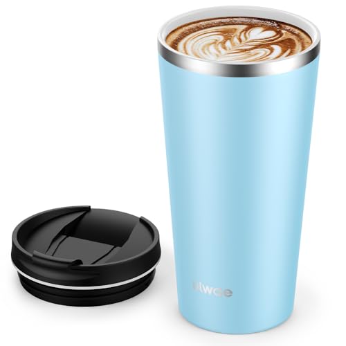 ulwae Insulated Coffee Mug with Ceramic Coating, 18oz Travel Mug with Leak-proof Lid, Vacuum Double-wall Tumbler, Stainless Steel Thermal Cup for Tea, Hot Cocoa, Cold Beverage, Ice Drinks