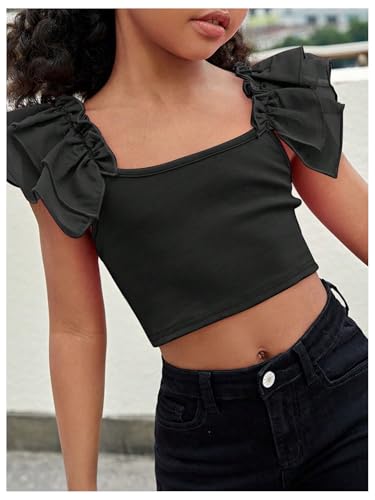 WDIRARA Girl's Ruffle Trim Bow Back Tiered Layer Square Neck Wide Strap Slim Fit Crop Cami Top2