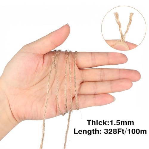 jijAcraft 1.5MM Jute Twine - 328Ft Natural Brown Jute String, 2-Ply Thin String for Gardening, Craft Twine for DIY Crafts, Gift Wrapping, Crochet Kitting, Macrame Decor