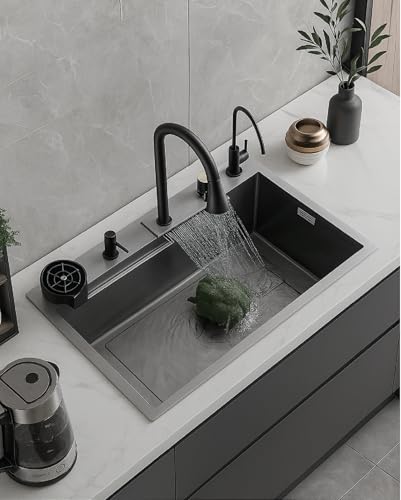 Image of COOTER 24 X 18 X 9 Waterfall Kitchen Sink Integrated Honeycomb Design 304 Grade With Black Matt Finish Single Bowl Multifunctional Sink For Kitchen.