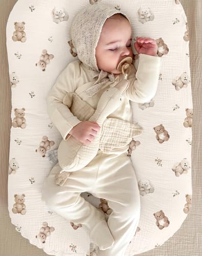 Image of Muslin Baby Lounger Cover 2 Pack, Soft Breathable Newborn Lounger Pillow Cover for Boys Girls Infant (Teddy & Friends)