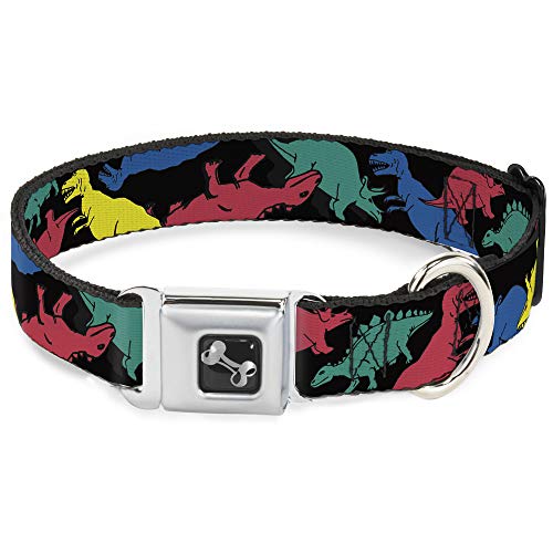 Buckle-Down Seatbelt Buckle Dog Collar - Dinosaurs Black Multi Color - 1  Wide - Fits 15-26  Neck - Large