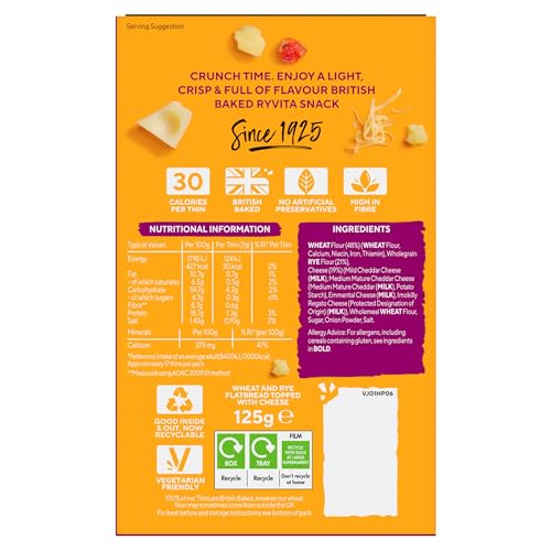 Ryvita Three Cheese Thins | Dipping, Snacking, Sharing | Fibre | Healthy | 6 PACKS of 125g